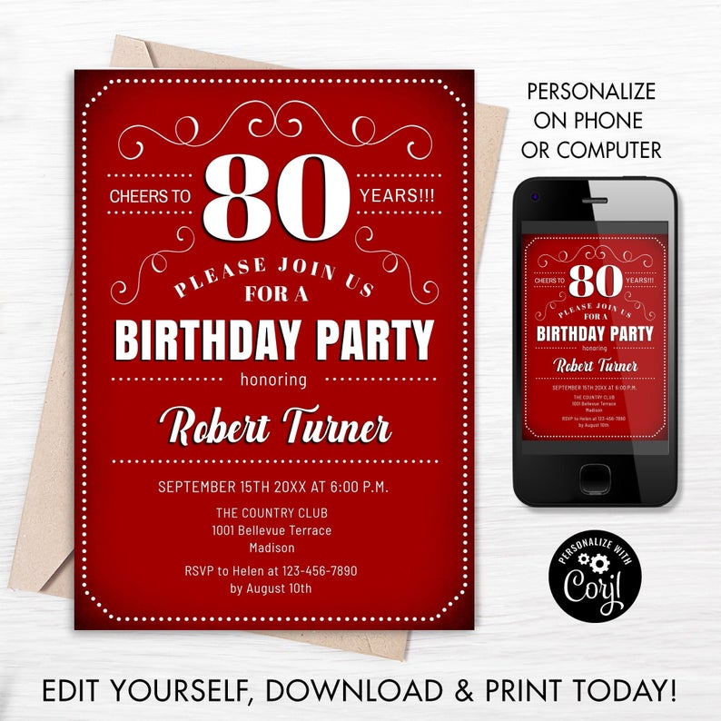 Editable 80th Birthday Party Invitation. INSTANT DOWNLOAD DIY Digital Template. Any Age. Dark Red White Adult Birthday. Cheers to 80 Years