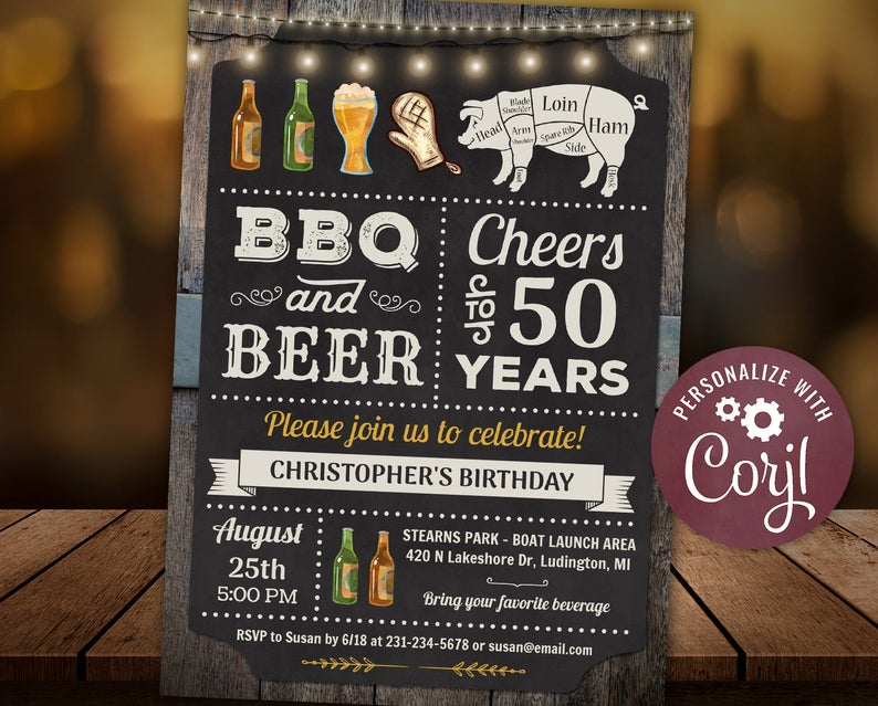 50th – BBQ & Beers Rustic Pig Roast Cookout Birthday Invitation – 50th birthday invitation for men Digital INSTANT Download 5×7 Editable