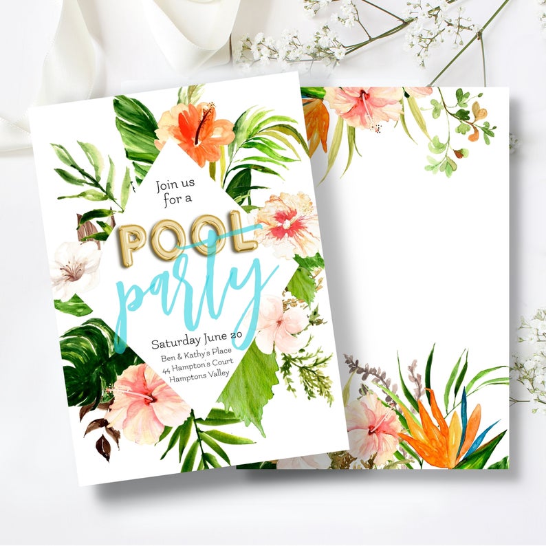 Pool Party Invitation, Birthday Invitation, Adult Pool Party invite, Hawaii Hibiscus Tropical Invite