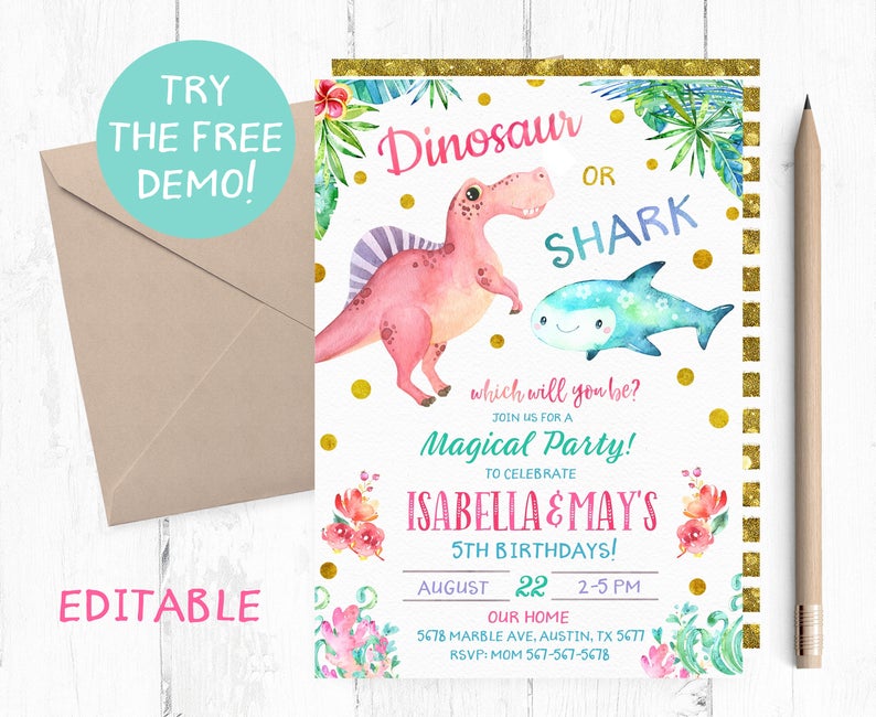 Editable Girl Dinosaur Shark Invitation, Shark Dinosaur Birthday Party Invitation, Dinosaur or Shark Invitation Template, Instant Invitation