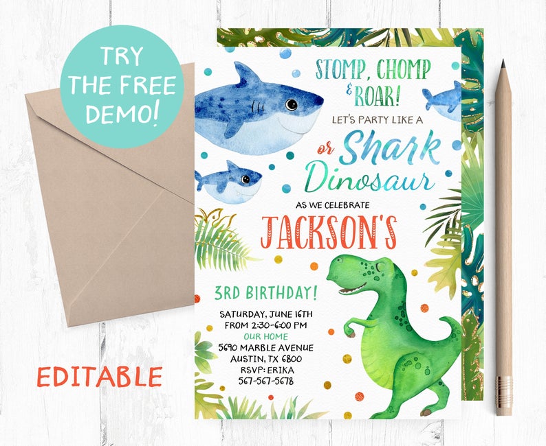 Editable Shark Dinosaur Invitation, Sharks and Dinosaurs Birthday Party, Shark Dinosaur Invitation Instant Download, Shark Dinosaur Invite
