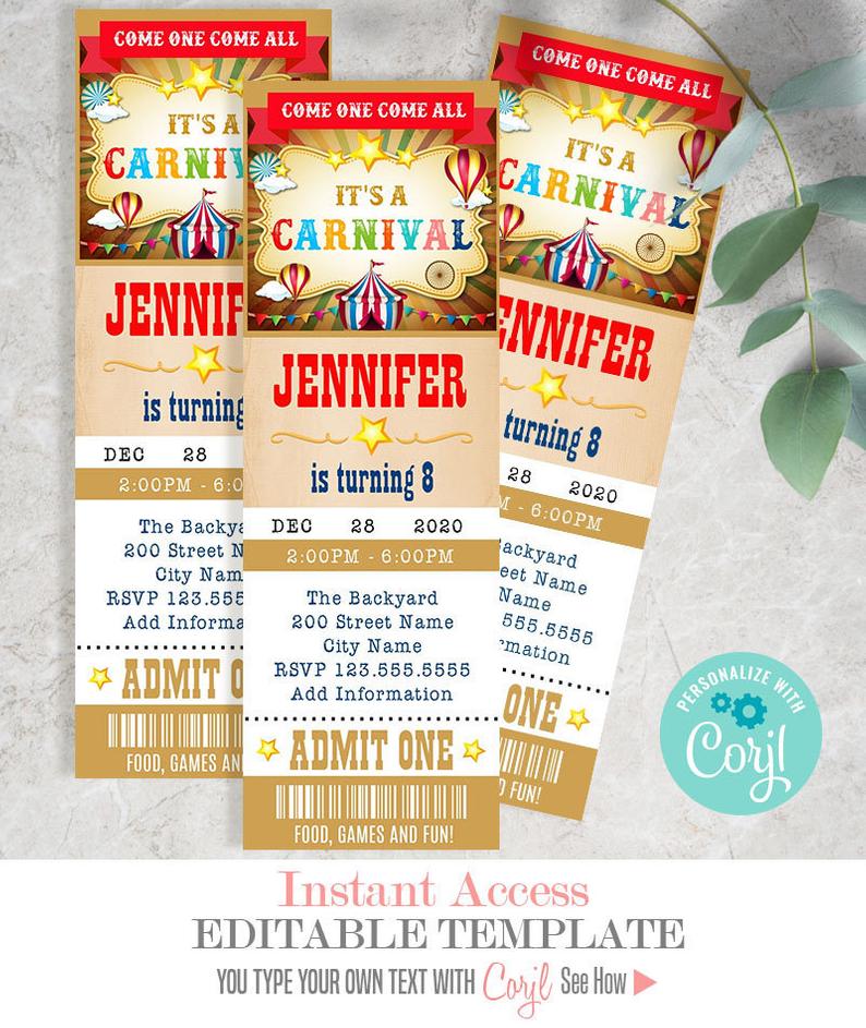 Carnival birthday ticket invitation, Circus party ticket, Editable invite, Instant download, Edit with Corjl, A248