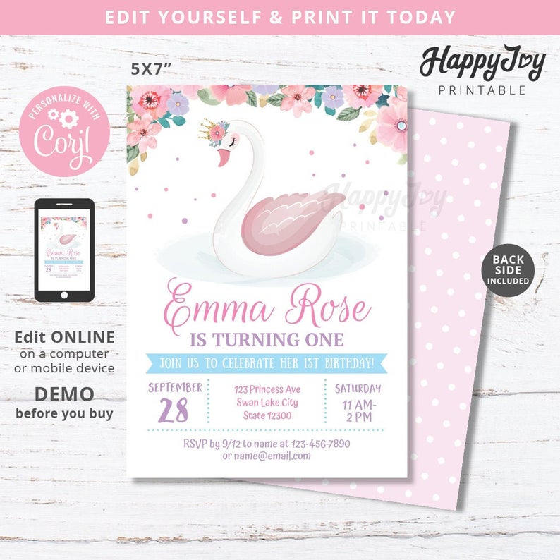 Swan Birthday Invitation, Pretty Floral Swan Girls Party Invite, Editable Digital File Template INSTANT Access Download, Self Edit