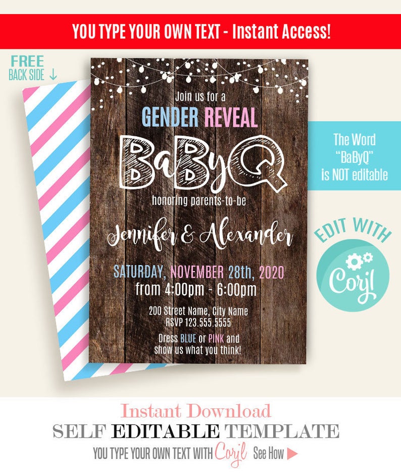 Gender Reveal BaByQ invitation, editable template, instant download, print or email to family and friends, Edit with Corjl, A694