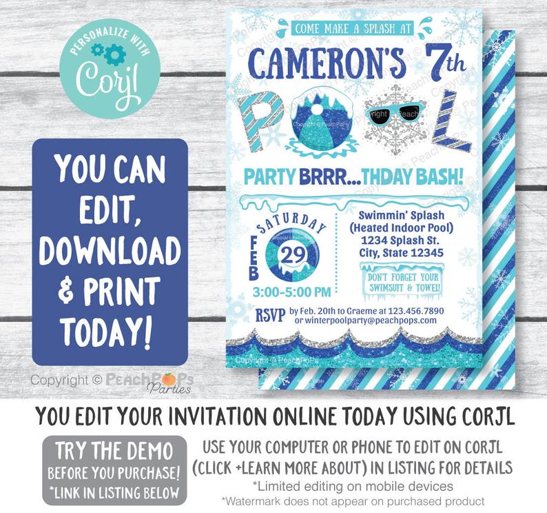Winter Pool Party Birthday Invitation – Snow Swimming Pool – Blue – ANY Age – Glitter – DIGITAL Printable Editable Invite 5″x7″ – Edit NOW