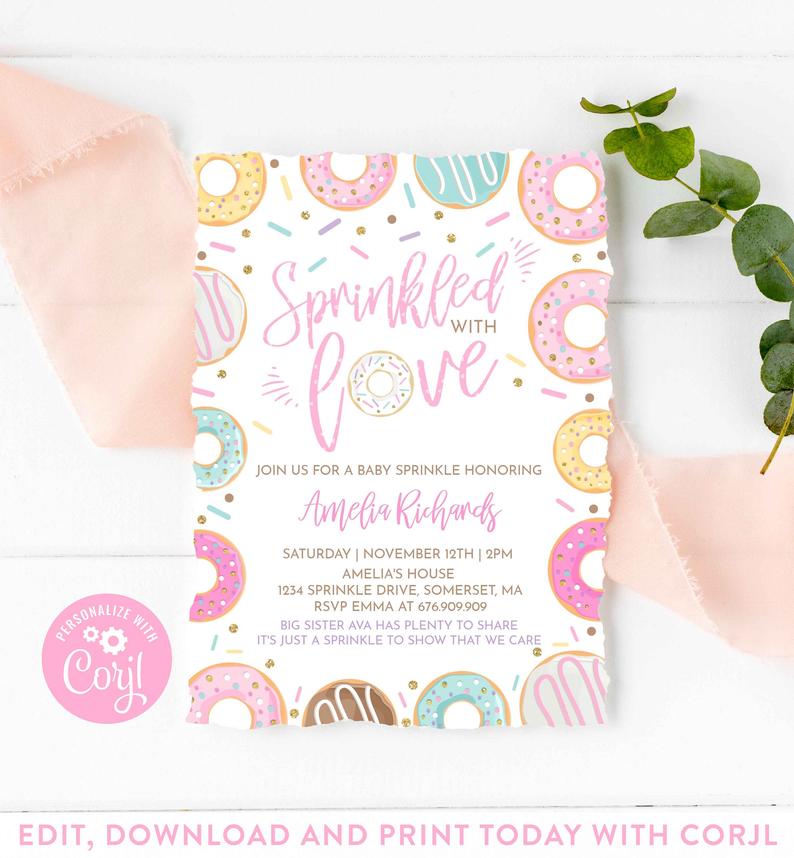 Donut Baby Sprinkle Invitation Sprinkled With Love Donut Invitation Donut Baby Shower Editable Donut Instant Download Editable File Corjl E2