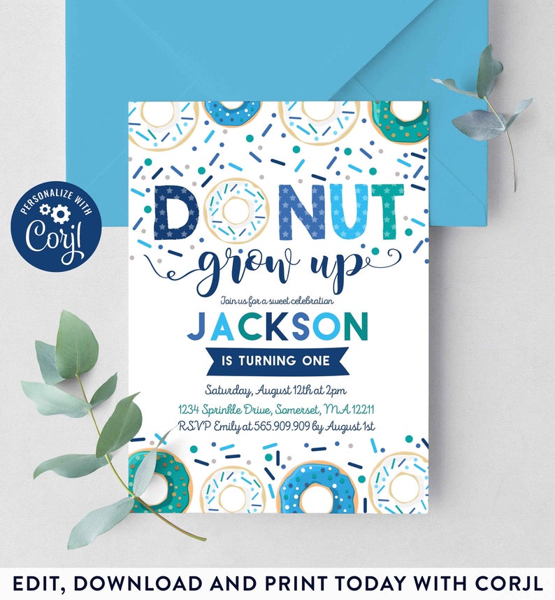 Donut Grow Up Birthday Invitation Donut Grown Up Invitation Donut 1st Birthday Party Invitation Instant Download Editable File Corjl D8