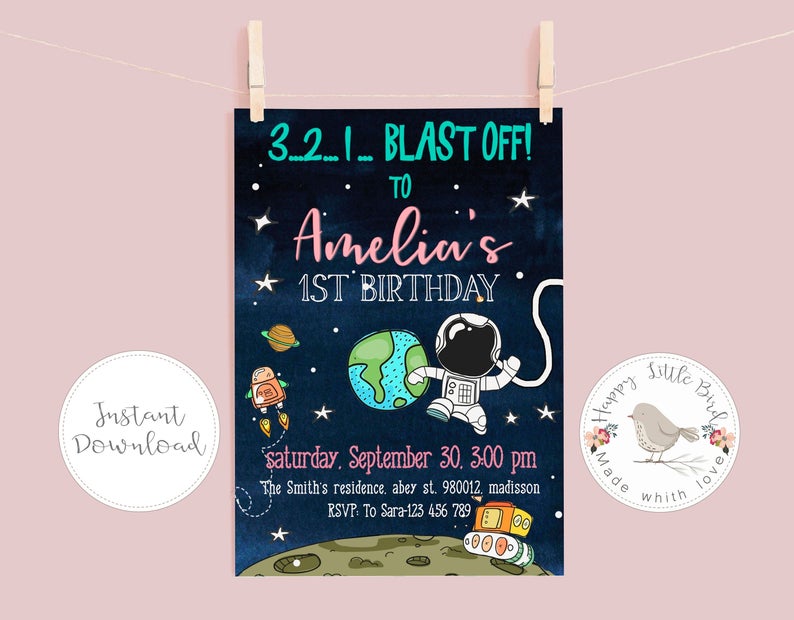 space birthday invitation, editable corjl invitation template, space party invite, space invitation, outer space birthday astronaut planets