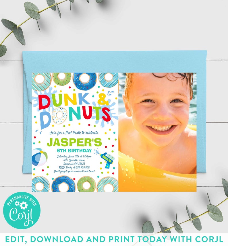 Dunk And Donuts Pool Party Invitation Donut Pool Party Invitation Donut Summer Pool Party Pool Party Bash Swimming Party Instant Download V7