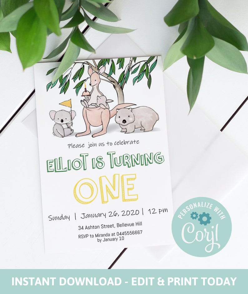Australian animals Birthday Invitation FREE Thank you card, Kangaroo invitation, Koala invitation, Wildlife invitation, Corjl, editable, A01