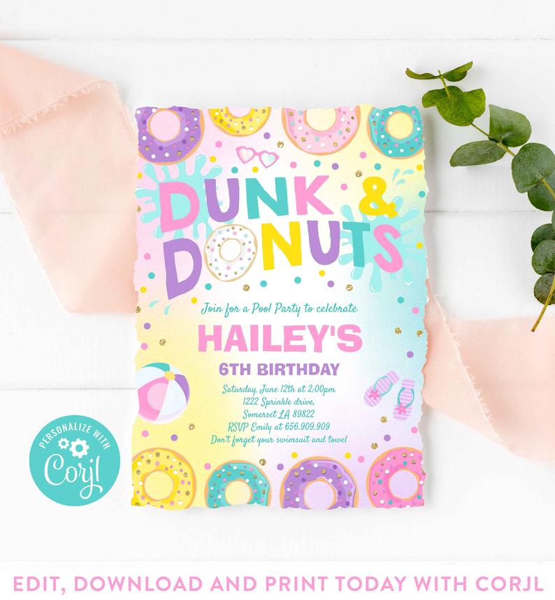 Dunk And Donuts Pool Party Invitation Donut Pool Party Invitation Donut Summer Pool Party Pool Party Bash Swimming Party Instant Download V7