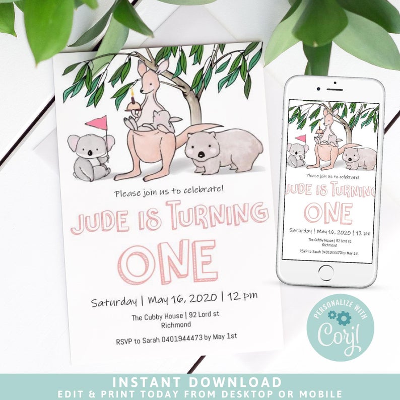 Pink Australian animals Birthday Invitation FREE Thank you card, Kangaroo invitation, Koala invitation, Wildlife invitation, Baby Girl, AP-2