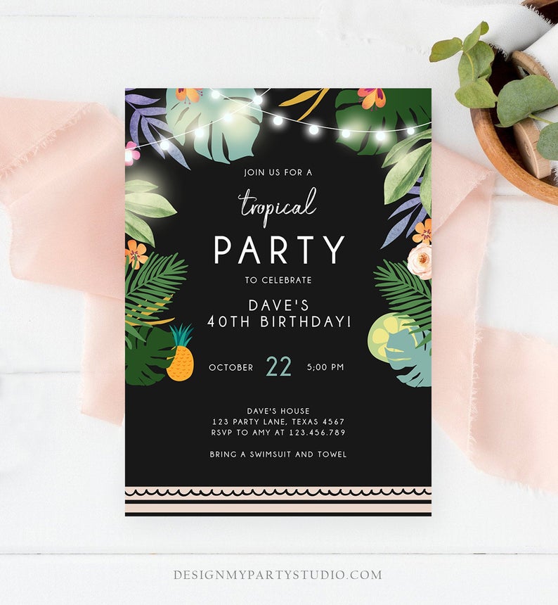 Editable Tropical Birthday Invitation Tropical Party Adult Birthday Man Woman Palm Leaves Hawaiian Download Printable Template Corjl 0183