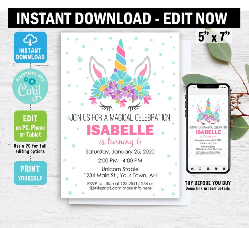 Unicorn Birthday Invitation, Edit in Corjl, Unicorn Party Invite, Magical Invitation, digital, template