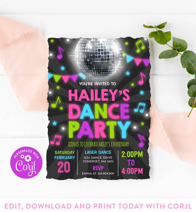 Dance Party Invitation Disco Party Invitation Glow Dance Party Neon Glow Dance Party Disco Dance Party Instant Editable File Corjl L8