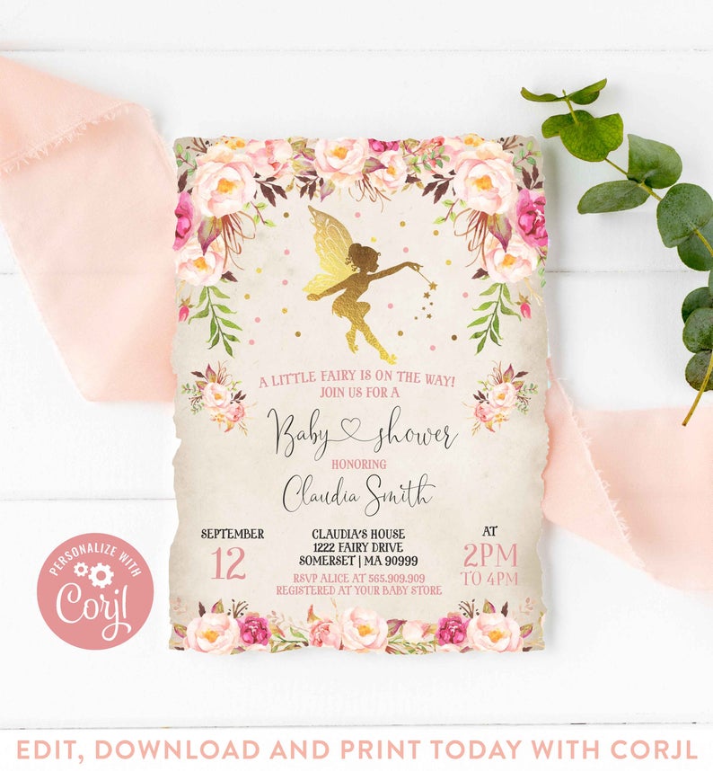 Fairy Baby Shower Invitation Floral Fairy Baby Shower Rustic Floral Fairy Shower Tea Party Baby Shower Instant Download Editable Corjl N1
