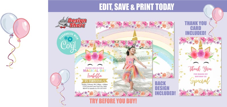 Unicorn Birthday Invitation, Unicorn Invitation, Unicorn Photo Editable Invitation, Unicorn Rainbow Party Invite Corjl, Instant Download