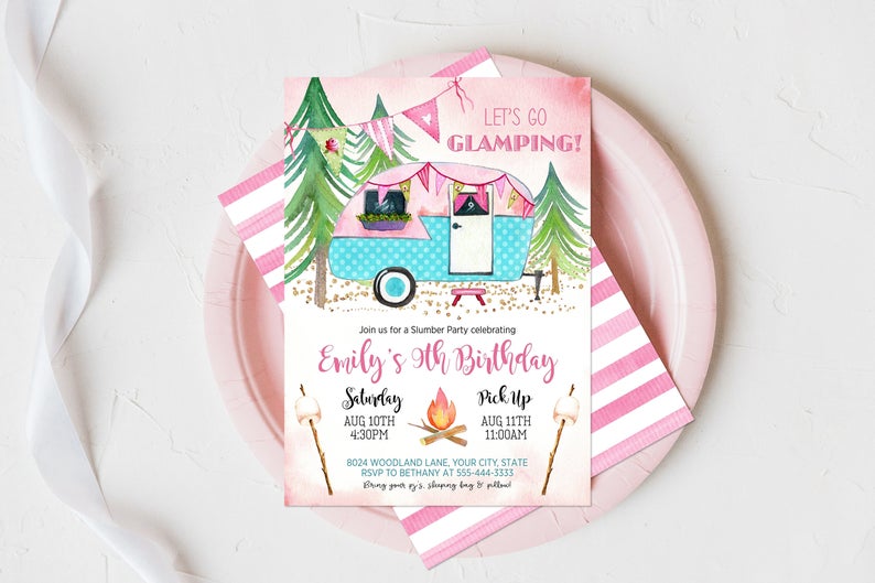 Let’s Go Glamping Birthday Party Invitation, Editable Template, Glamping Birthday Invitation, Slumber Party Invite, Glamping Invite, Corjl