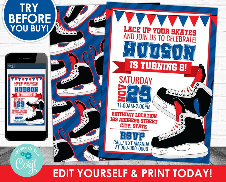 Skating Birthday Invitation, Skating Invitation, Hockey Editable Invitation, Hockey Party Invite Corjl S0066 (Pdf / Jpg file only)