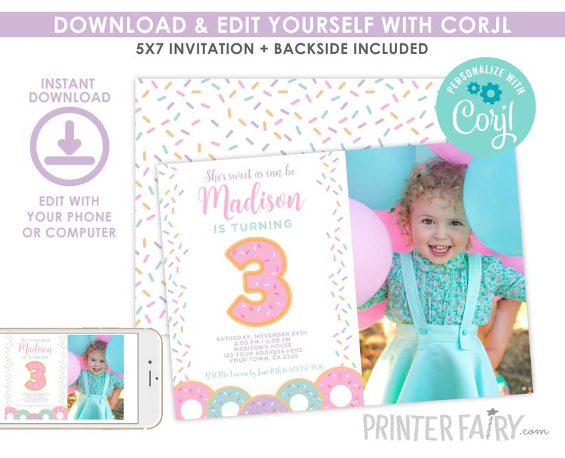 EDITABLE Donut 3rd Birthday Invitation with Photo, Sprinkles Birthday Party, Donut Party, EDIT YOURSELF Digital Invite