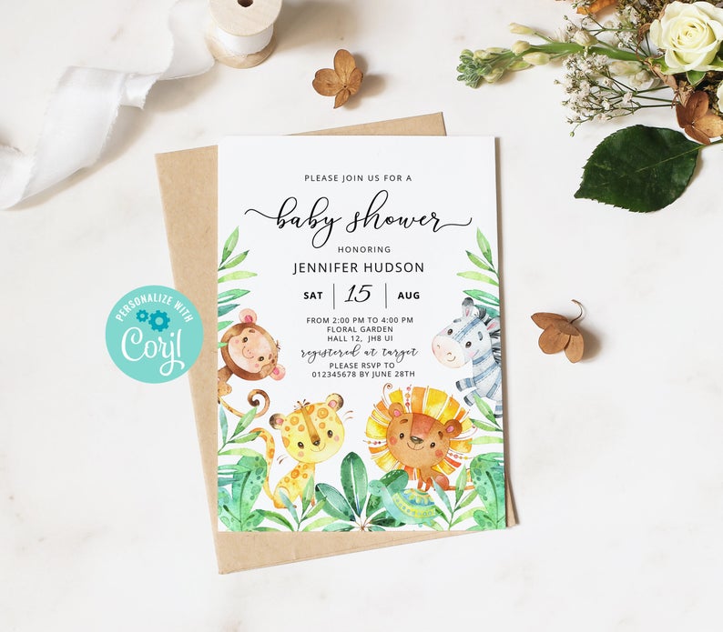 Safari baby shower invitation template. Jungle baby shower invitation Corjl Printable, Editable Instant Download. #BS5