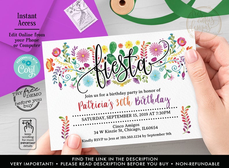 Fiesta Invitation 30th, 40th, Birthday for Her, Mexican Birthday Party, 60th invitation, Mexican Flowers, Try FREE DEMO, Template with Corjl