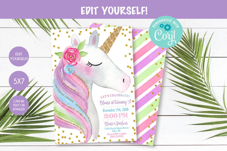 Unicorn Birthday Invitation • 5×7 • Digital • Edit with ADOBE or CORJL