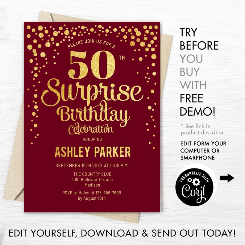 50th Surprise Birthday Invitation – INSTANT DOWNLOAD Digital Template. ANY Age. Glitter Gold Foil Black. Adult Birthday Invite