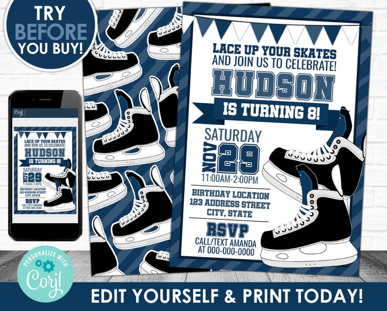 Skating Birthday Invitation, Skating Invitation, Hockey Editable Invitation, Hockey Party Invite Corjl S0067 (Pdf / Jpg file only)