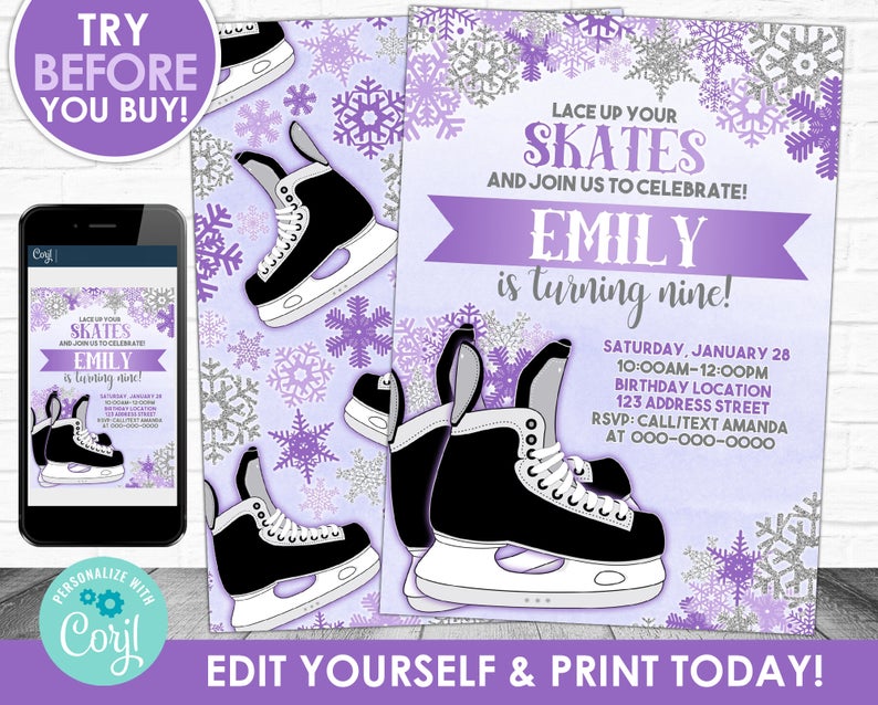 Skating Birthday Invitation, Figure Skating Invitation, Skates Editable Invitation, Winter Party Invite Corjl S0068 (Pdf / Jpg file only)