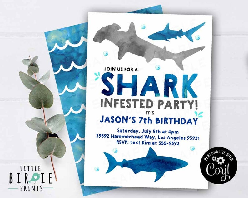 SHARK BIRTHDAY INVITATION Shark Birthday party invitation Shark Party Hammerhead shark Watercolor Boy Pool Party Summer Instant download