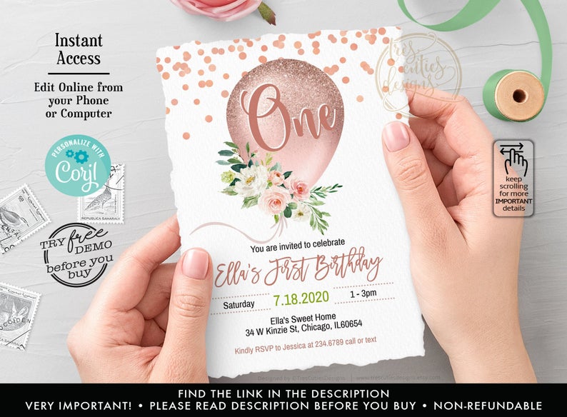 First Birthday Invitation Girl Floral, Blush Pink Floral Invite, Baby’s First Birthday Party Invitation, Floral Baby’s First Birthday Party