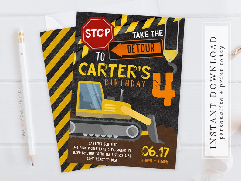 Construction Birthday Invitation Instant Download, Construction Invitation, Construction Birthday Party, Construction Theme, Bulldozer | 741