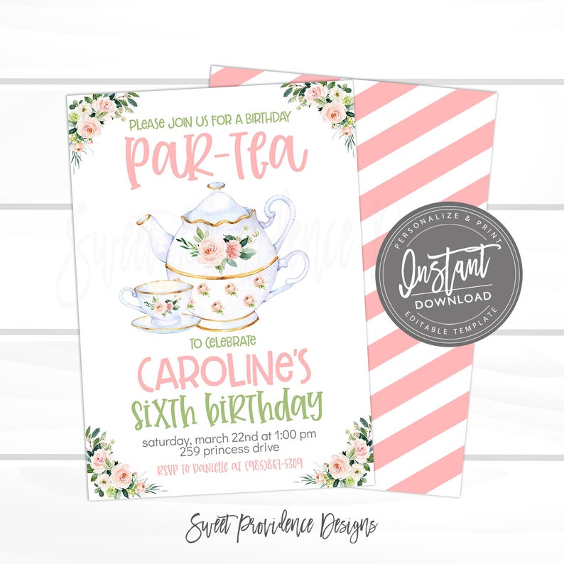 Tea Birthday Party Invitation, kids Birthday Par-Tea Invite, Pink Floral Birthday Tea Party, Editable Template, ANY Age, INSTANT ACCESS