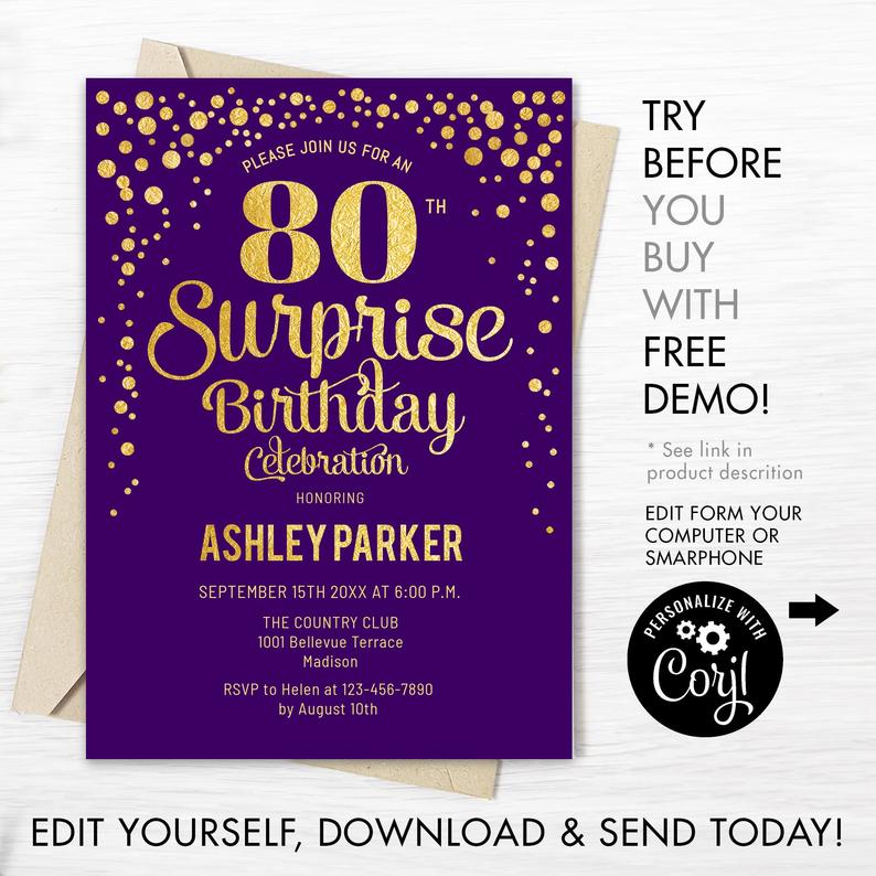 Editable 80th Surprise Birthday Invitation. INSTANT DOWNLOAD DIY Digital Template. Any Age. Purple Glitter Gold Foil. Adult Birthday