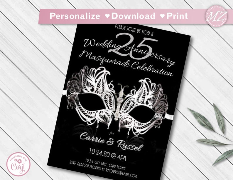 Silver + black Masquerade 25th wedding anniversary Invitation Template EDITABLE Mask Party Invite digital file Corjl pdf PNG or Jpg