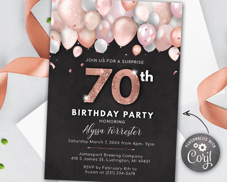 Rose Gold Blush Pink Balloons 70th Birthday Invitation – Adult SEVENTY Invite – Surprise Party – Digital INSTANT download Editable Women’s
