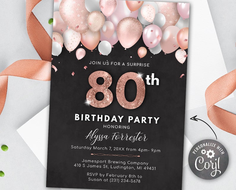 Rose Gold Blush Pink Balloons 80th Birthday Invitation – Adult EIGHTY Invite – Surprise Party – Digital INSTANT download Editable Women’s