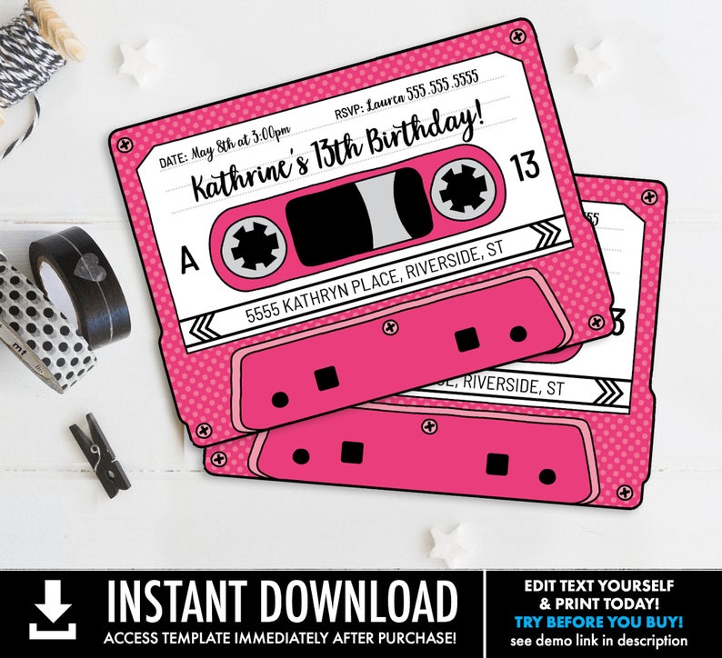 Cassette Tape Invitations – Retro Party,80’s Party Invitation,Mixtape Invite,Pink | Self-Edit with CORJL INSTANT DOWNLOAD Printable Template