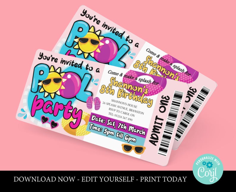 Girls Pool Party Invitation editable Pool Party Birthday Invitation Swimming Party Invitation Instant Download & Editable File corjl