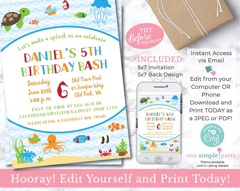 EDITABLE Boy Ocean Birthday Invitation – Swimming Birthday – Pool Birthday Party – Sea Animal Party- Editable Invitation – INSTANT DOWNLOAD