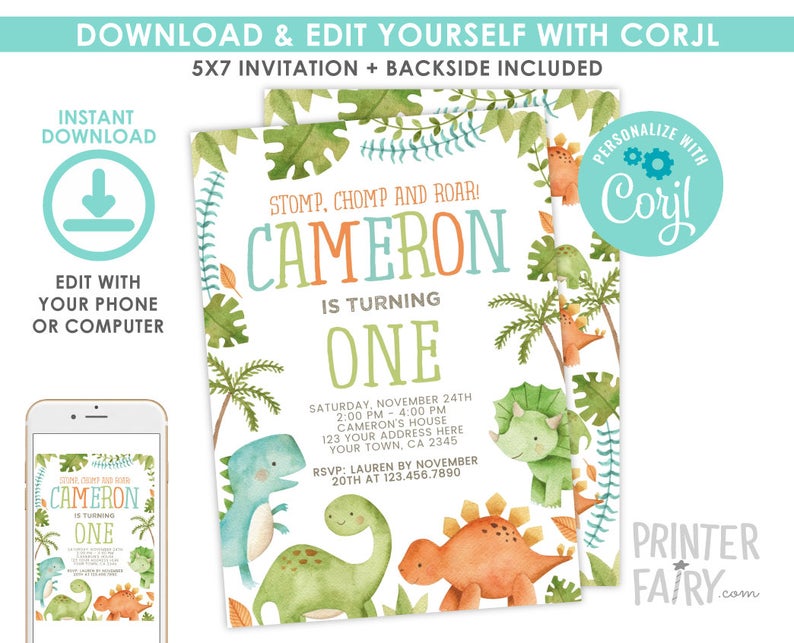 Dinosaur Invitation EDITABLE, Dinosaur Birthday Invitation, Dinosaur Birthday Party, Any age, EDIT YOURSELF Digital Invite, Instant Download