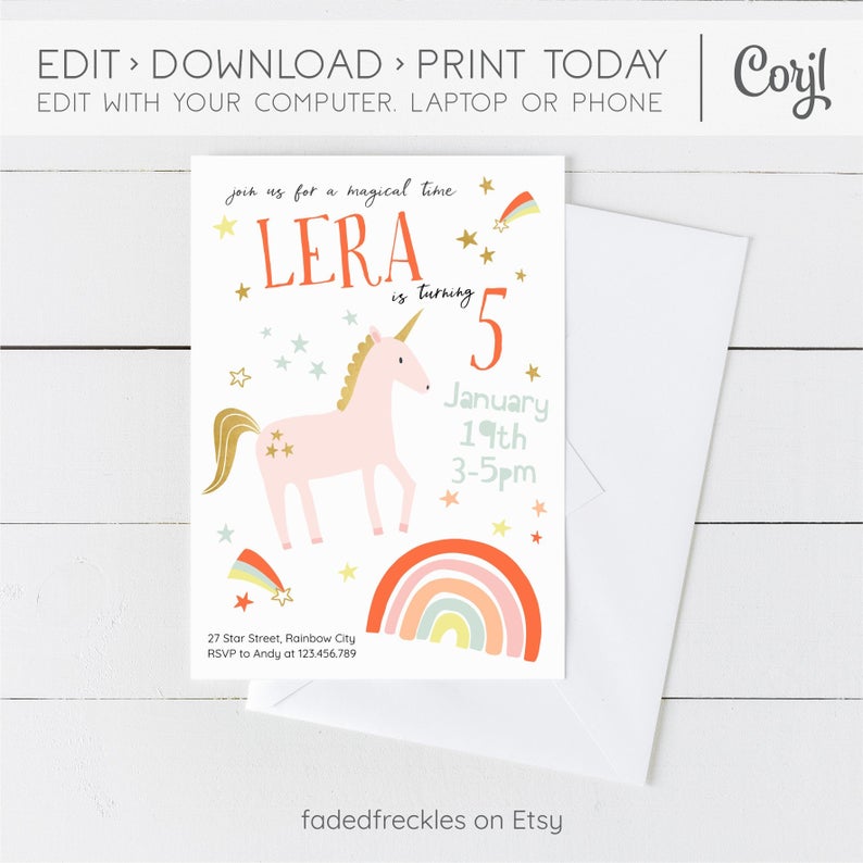 Editable Unicorn Birthday Invitation, Printable, Digital File, Meri, Modern, Gold, Pink, Rainbow, Girl Invitation, Corjl, Unicorn, 0135