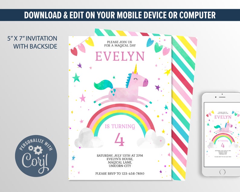 Unicorn Birthday Invitation, Editable Unicorn Party Invite, Watercolor Unicorn