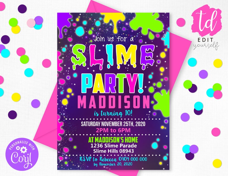 SLIME PARTY INVITATION Slime Invitations Sleep Birthday Invitation Girl Slime Glow Party Printable Editable Slime Birthday Invitation Corjl