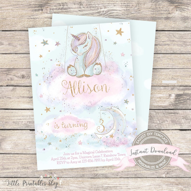 Unicorn Birthday Invitation, Pastel Unicorn Invite, Editable and Printable by You, Instant Download, DIY Digital, Girl Birthday Invitation