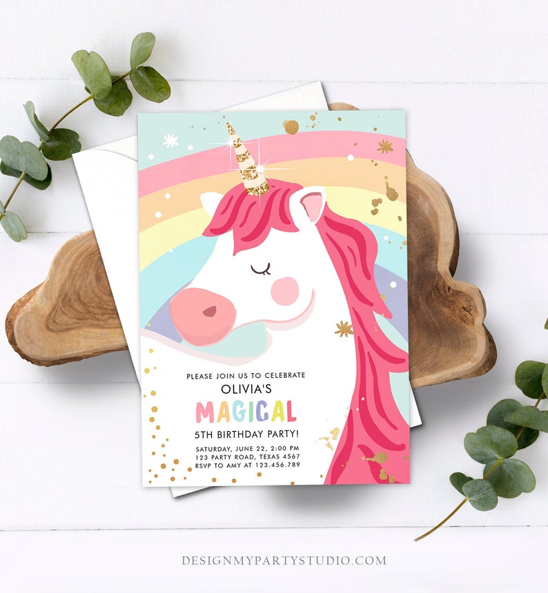 Editable Unicorn Birthday Invitation Unicorn Party Girl Pink Gold Magical Unicorn Invite Rainbow Corjl Template Digital 0323