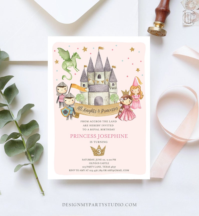 Editable Princess and Knight Birthday Invitation Once Upon a Time Princess Royal Birthday Girl Pink Castle Template Corjl Printable 0171