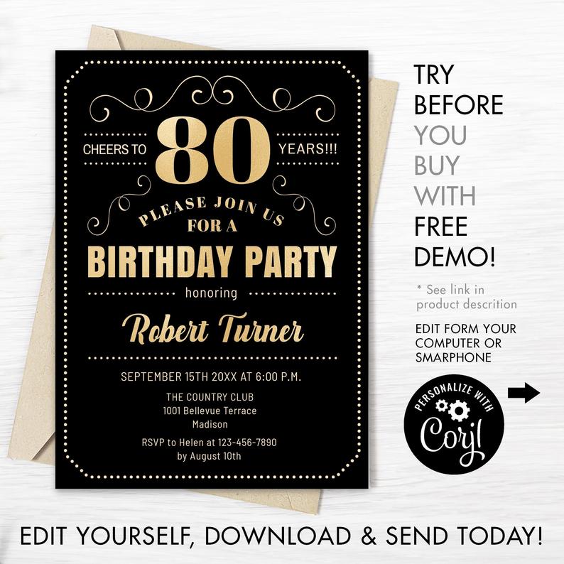 80th Birthday Party Invitation – INSTANT DOWNLOAD Digital Template. ANY Age. Gold Black. Cheers to 80 Years