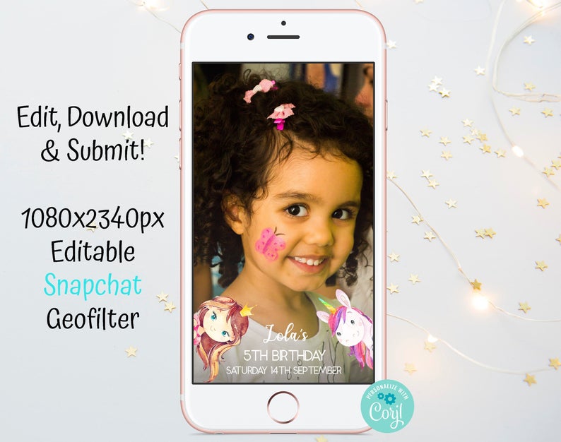 Unicorn and Prince Birthday Snapchat Filter Children’s Birthday Party Filter Editable Geofilter Corjl Geofilter